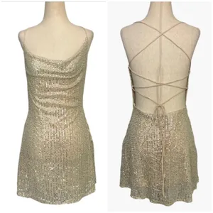Hello Molly Champagne Gold Sequin Cowl Neck Lace‎ Up Back Mini Dress US 6 Viral thumbnail 2
