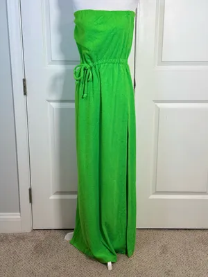 Vintage Chantel Terry Cloth Maxi Dress M Lime Green Strapless Pool Cover Up Slit thumbnail 2