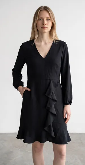 J.Crew Drapey ruffle front dress Long Sleeve Black Size 4 #H6301 thumbnail 1