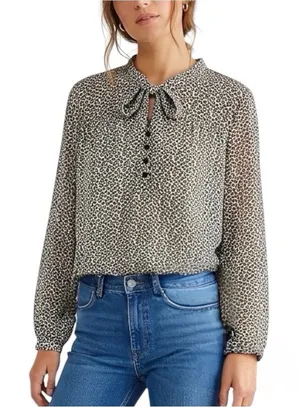 Loft Womens Blouse Sz Small Button Tied Front Pleated Boho Neutral Bohemian thumbnail 1