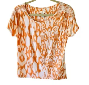Chicos Orange Ikat Abstract Print Top Size Large Shoulder Detail Chicos Size 2 thumbnail 5