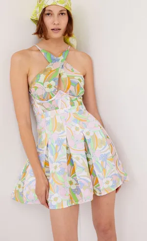 For Love & Lemons Guinevere Mini Dress Multicolor Floral Halter Retro Size S NEW thumbnail 1