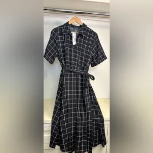 NWT BloomChic Black Windowpane Midi Shirt Dress with Tie Waist thumbnail 3