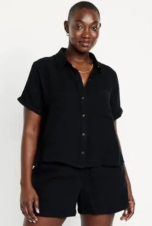 Old Navy Crinkle Gauze Button Down Top Black thumbnail 1