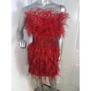 ASHLEYlauren 4615 Red Beaded Feather Cocktail Dress Strapless 2 Pageant Prom thumbnail 6