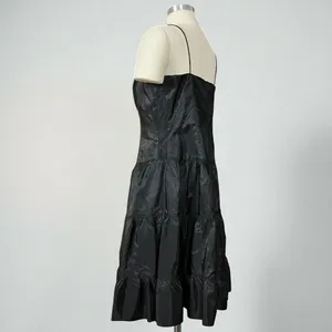 Niki By Niki Livas Vintage 80s Black Spaghetti Strap Crinkle Taffeta Tiered A Line Dress thumbnail 6