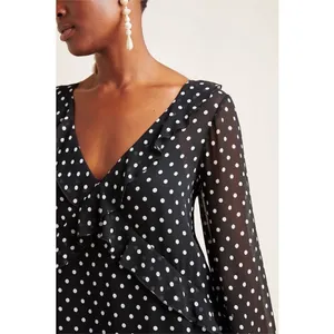 Anthropologie Maeve Sirena Polka Dot Ruffled Tunic Midi Dress in Black & White thumbnail 3