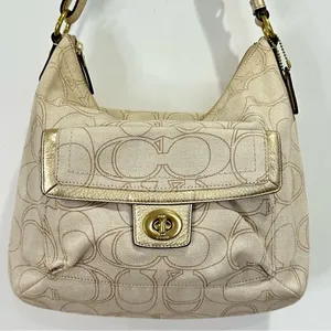 Coach Signature Penelope Purse Linen Leather Crossbody Shoulder Bag Cream Gold thumbnail 4