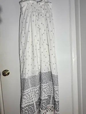 Anthropologie Strapless Deco White Patterned Maxi Summer Dress Linen Cotton thumbnail 6