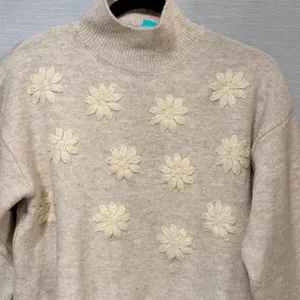Bopeau Womens Mock Neck Floral Embroidered Daisy Knit Sweater Beige Medium thumbnail 3