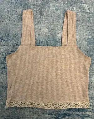 American Eagle Heathered Pink Square Neck Lace Hem Crop Top XS thumbnail 1