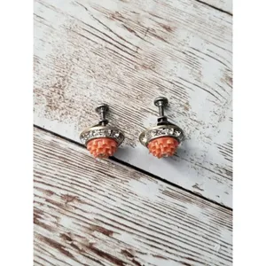 Vintage Screw On Earrings - Orange with Clear Gem 5/8" Retro thumbnail 3