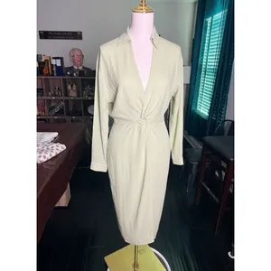 Anthropologie Sage Green Linen Blend Twist Front Midi‎ Dress US 8 UK 12 EU 40 thumbnail 12