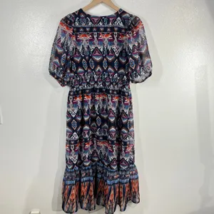 Old Navy Boho‎ Tiered Midi Dress Geometric Print Puff Sleeve Smocked Waist Lined thumbnail 3