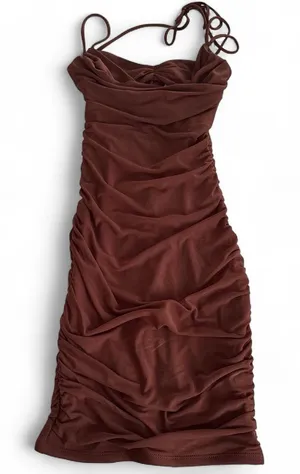 Oh Polly Chocolate Brown Ruched Spaghetti Strap Mini Dress thumbnail 1