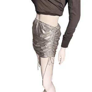 Silver Metallic Ruched Mini Skirt Medium Festival Rave Wear Liquid Shine Bodycon thumbnail 3