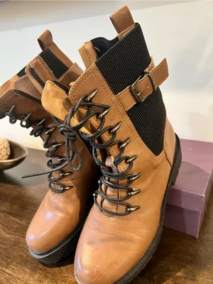 Women's Tan Lace-Up Combat Boots with Buckle Detail thumbnail 2