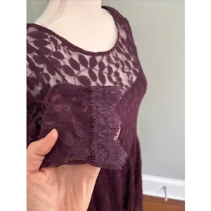 Free People‎ Floral Mesh Lace Dress Cranberry Burgundy Lined 3/4 Sleeve Small thumbnail 2