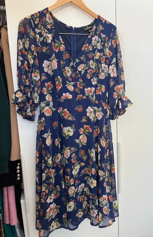 Lulus Midi Dress Blue Floral Three Quarter Sleeve thumbnail 1