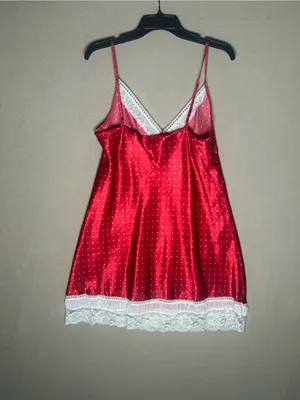 Red Satin dress White lace Trim Chemise slip dress size Medium Lace polkadot thumbnail 5