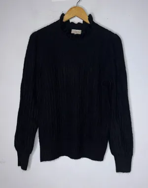 NWT Loft Outlet Ribbed‎ Ruffle Mock Neck Black Sweater Medium thumbnail 1