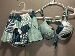 Tropical Palm Leaf Bikini Set Swim Skirt High Waisted Mint Green Large Fits M/S thumbnail 1