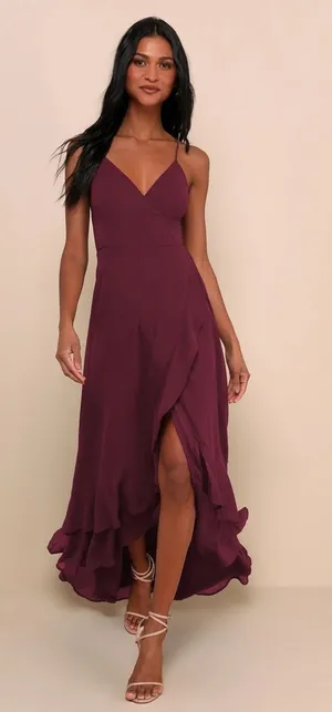 Lulus In Love Forever Plum Lace-Up High-Low Maxi Dress Wedding Prom Ruffle Large thumbnail 1