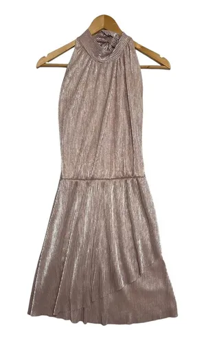 OML Mini Dress Womens Small Pink Metallic Pleated Halter Cocktail Party Sexy thumbnail 1