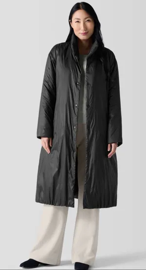 Eileen Fisher Long Down Puffer Coat Eggshell Gray Stand Collar Size L thumbnail 1