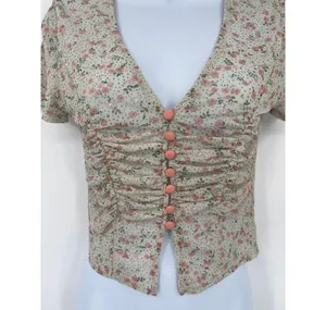 Coquette Y2K Mini Floral Mesh Top Sz M Deep V Ruch Festival Crop Cottage Fairy thumbnail 2