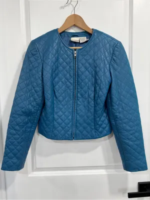 VTG Newport News Quilted Leather Jacket Size 6 Blue Collarless Zip Front thumbnail 2