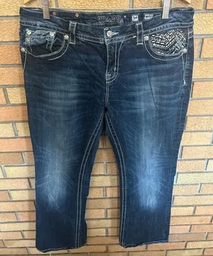 MISS ME Jeans Womens Size 34x31 Mid-Rise Easy Boot Cut Blue Denim Embellished thumbnail 1