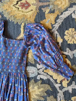 Oliphant Blue Floral Maxi‎ Dress with Puff Sleeves Size Medium thumbnail 3