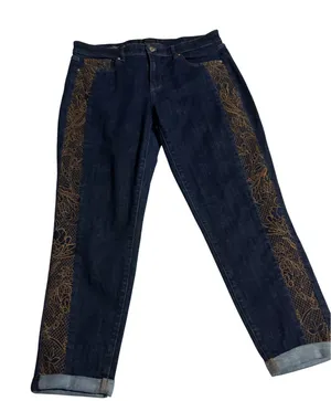 White House Black Market Girlfriend Jeans Dark‎ Wash Gold Lace Side Stripe 10 thumbnail 1