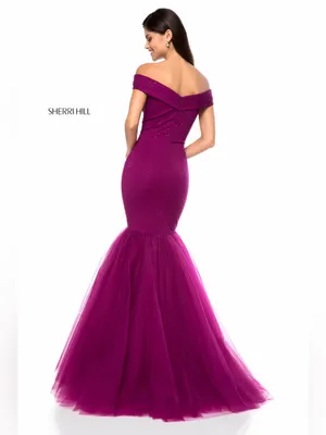 Sherri Hill Off-the-Shoulder Mermaid Gown in Plum Purple thumbnail 3