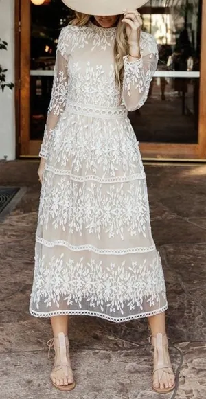 Bohme Lola Lace Midi Dress Small Beige Ivory Embroidered Sheer Long Sleeve Boho thumbnail 1