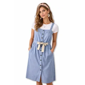 Anthropologie Allihop Sz L Apron Front Dress‎ Picnic Knee Length Blue Button Up thumbnail 2