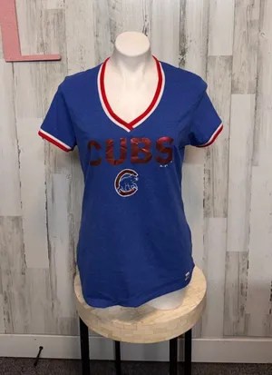Majestic Chicago Cubs Metallic Foil V-Neck Ringer T-Shirt Womens Large Blue thumbnail 1
