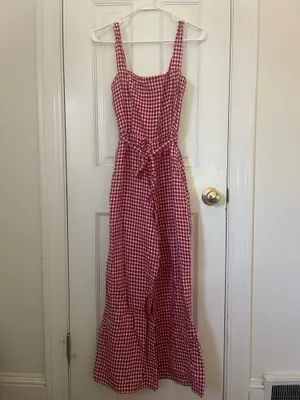 Reformation Red Linen Gingham Jumpsuit Wide-Leg thumbnail 3