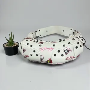 Ed Hardy White Skull Rose Tattoo Print Hobo‎ Shoulder Bag Studded Punk Rock thumbnail 6