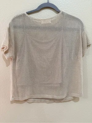 Elodie Mesh Knit Crop Top Beige Shiny Shimmer Overlay Short Sleeve Size S thumbnail 2