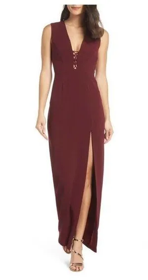 WAYF The Casey Plunge Neck Sleeveless Long Dress Burgundy Small! thumbnail 1