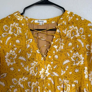 Madewell 100% Silk Assam Floral Lace-Up 3/4 Sleeve Mustard Yellow‎ Boho Western thumbnail 5