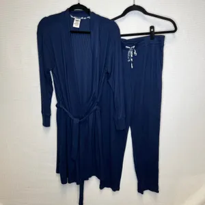 Lands End Womens Navy Blue Ribbed Knit Robe Pajama Pants Lounge Set‎ Size S 6-8 thumbnail 2