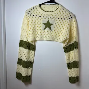 Star Crochet Knit Cropped Sweater Women Small Cream Green Long Sleeve Boho thumbnail 2