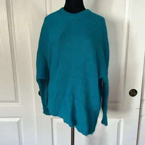 Free People Downtown Teal Blue Knit Asymmetrical Pullover Sweater thumbnail 3
