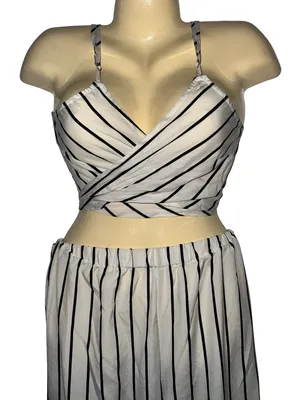SHEIN White & Black Striped Two-Piece Wide-Leg Jumpsuit Set thumbnail 3