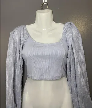 Urban Outfitters Blouse Womens Medium Purple Scoop Neck Sheer Sleeve Cropped Top thumbnail 1