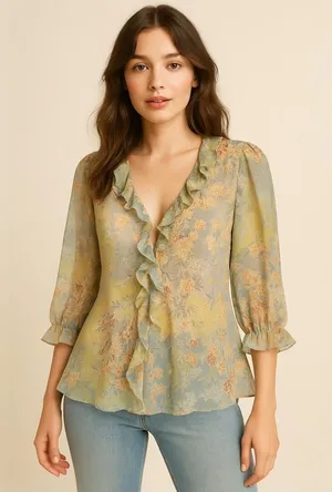 Y2K Silk Floral Ruffle Blouse Fairycore Sheer Top thumbnail 1