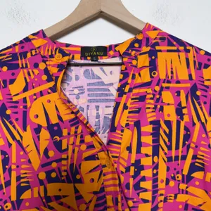 Diyana Women African Print Dress‎ Orange Pink Abstract Tiered Bohemian Artsy thumbnail 3